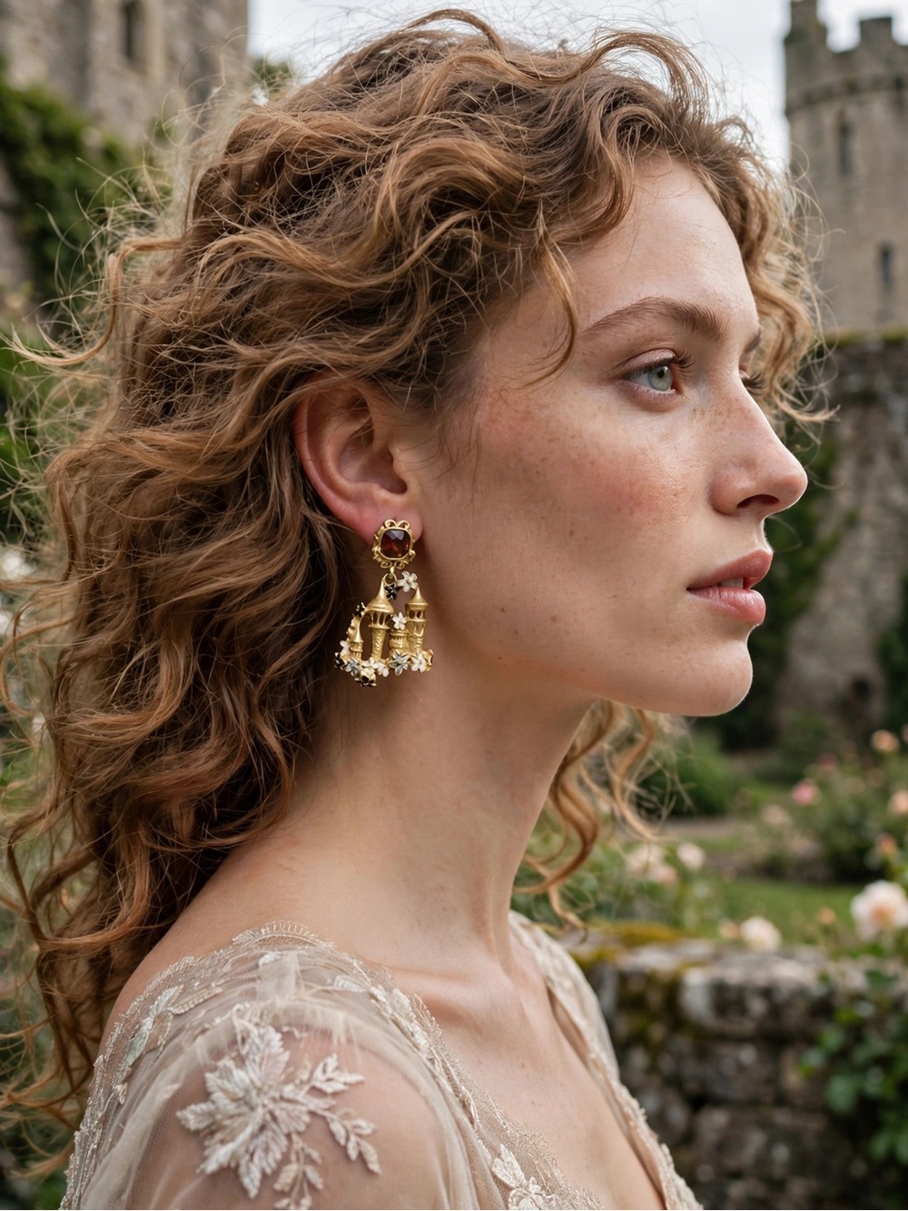 NEW Gold-Tone Castle Dangle Earrings With 925 Silver Posts For Women E079